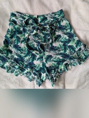 3/$30 Blue Rain Green Tropical Leaf High-Waist Ruffle Shorts